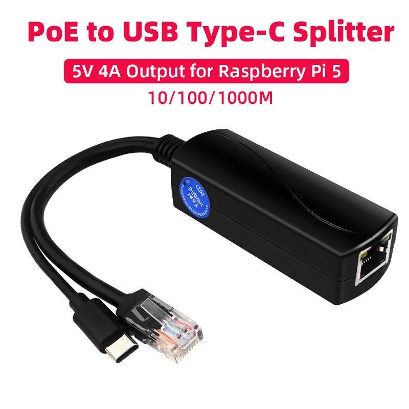 Raspberry Pi 5 5V 4A PoE Splitter 10/100/1000MB Red Gigabit IEEE 802.3 af/at Tipo-C a PoE para Pi 5 Pi5