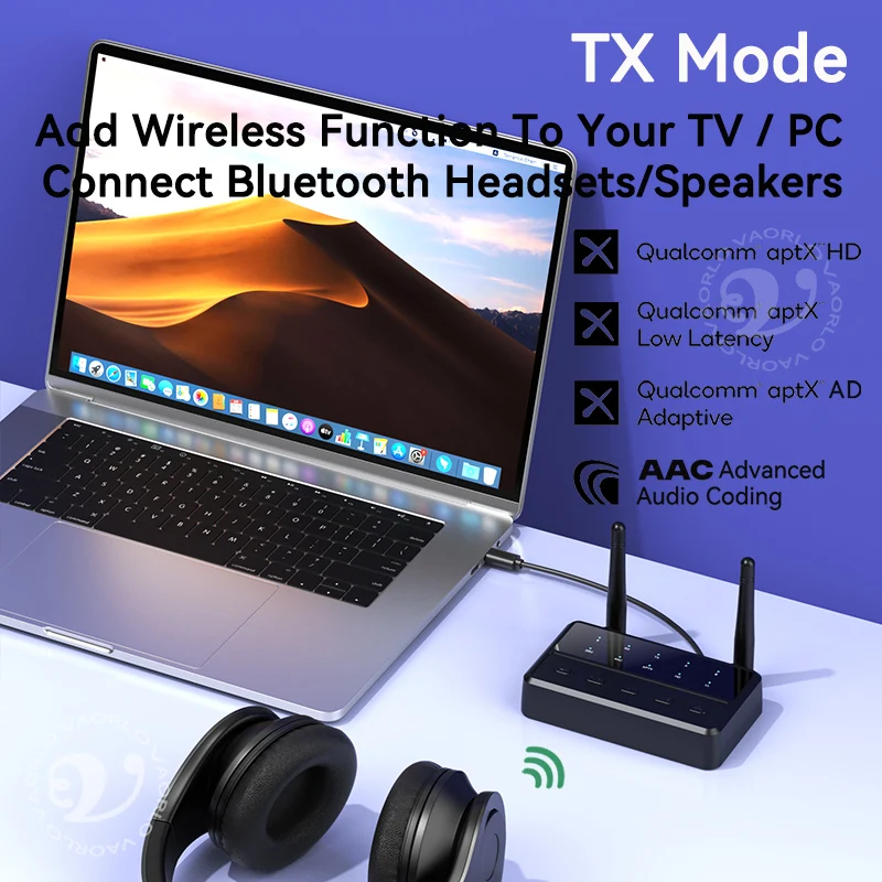 Transmisor y receptor de audio 2 en 1 aptX Bluetooth 5.4 de escritorio, adaptador inalámbrico multipunto de música estéreo HiFi con entrada AUX de 3,5 mm y RCA aptX adaptable AD/HD/LL AAC para TV, PC y coche. - imagen 5