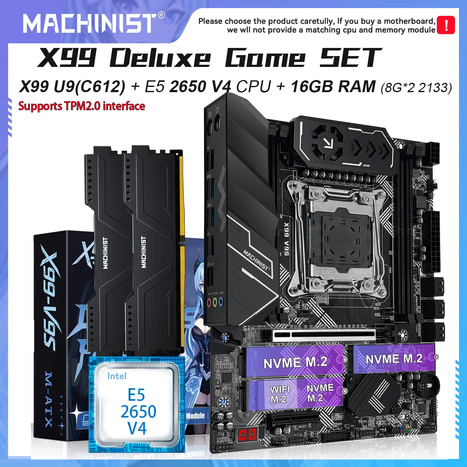 Placa base X99 V9S MACHINIST TPM2.0 LGA 2011-3 Kit Xeon 2650 V4 cpu cuatro canales DDR4 2X8GB RAM C612 chip 3 * NVME M.2 SATA3.0