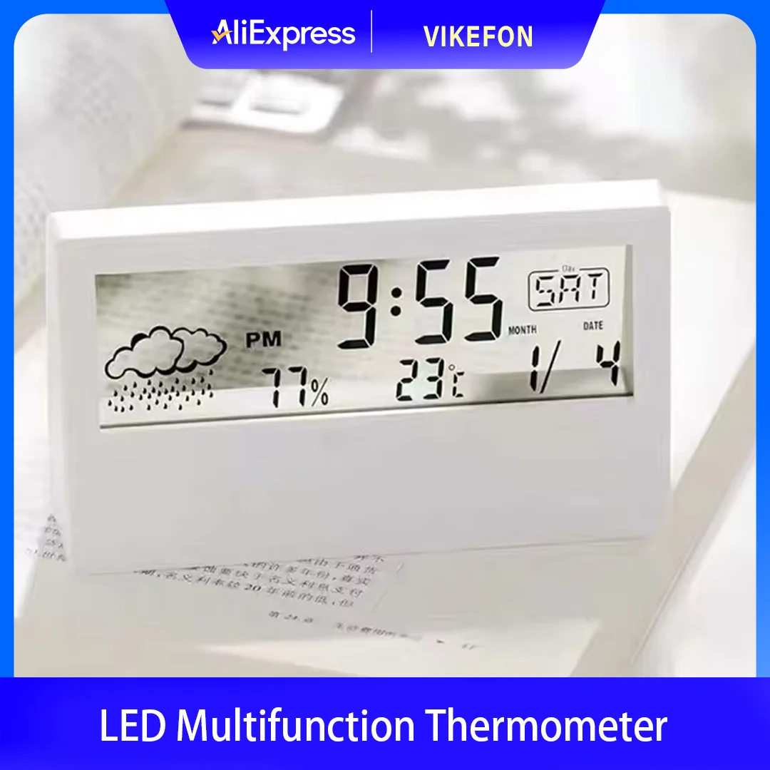 Estación meteorológica con termómetro higrómetro digital, monitor de humedad y temperatura interior y exterior con pantalla LED y despertador