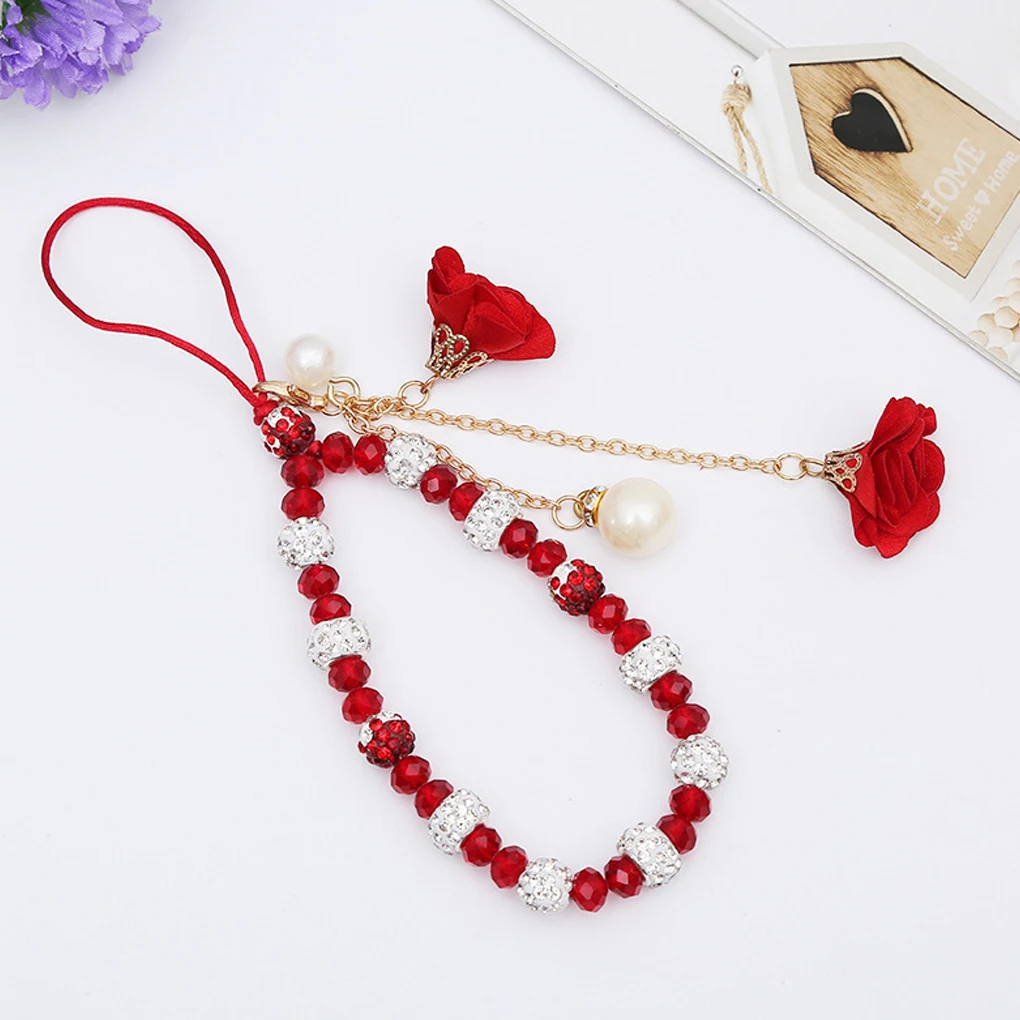 Correas Cordón de flores Llavero con cuentas románticas Correa cuerda colgante Pulsera antipérdida Adornos para bolso Mujer Blanco - imagen 4