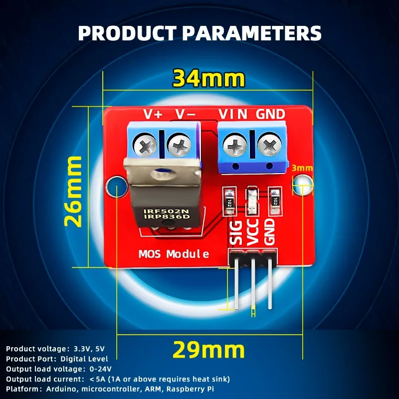5/10/20 piezas 0-24V botón Mosfet superior IRF520 módulo controlador MOS para Arduino MCU ARM Raspberry Pi - imagen 5