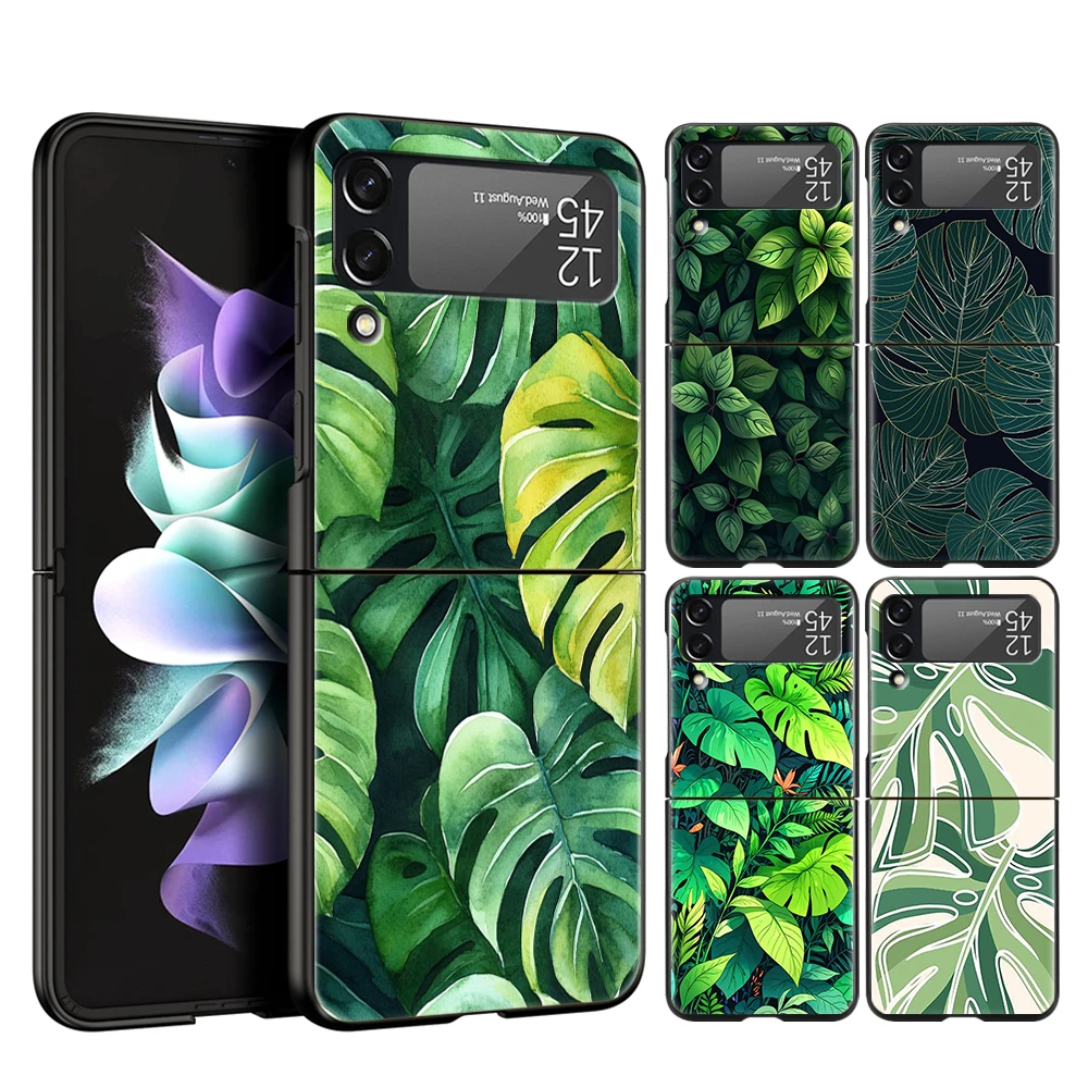 Funda de teléfono verde Monstera de hojas para Samsung Galaxy Z Flip 3 4 5 6 7 PC plegable negro duro para Samsung Z Flip3 Flip4 Flip5