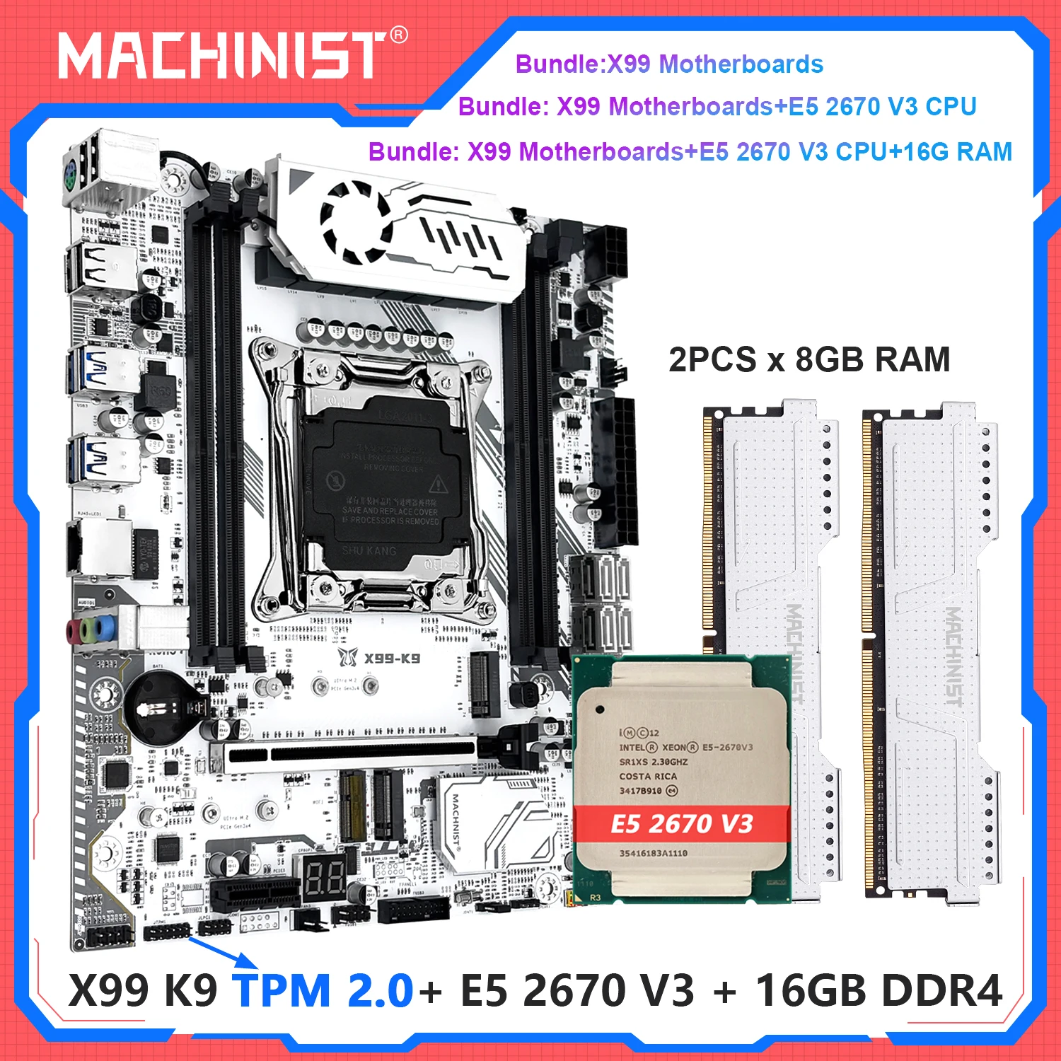 MACHINIST X99 K9 TPM2.0 Kit de placa base E5 2670 V3 LGA 2011-3 cpu 16GB DDR4 RAM C612 Chip cuatro canales USB 3,0 NVME M.2