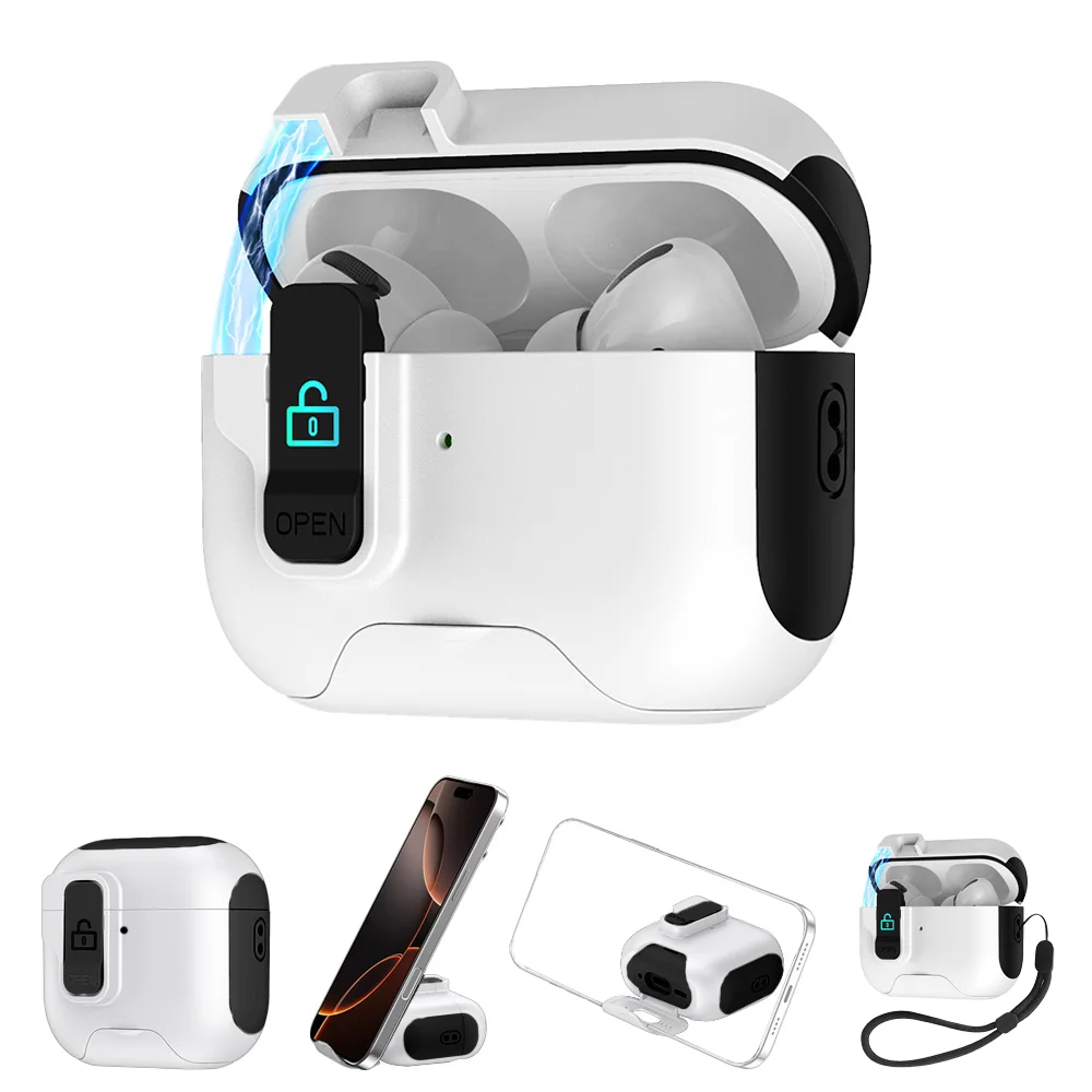 2025 para AirPods 4 3 2 1 funda con bloqueo automático con soporte para teléfono MagSafe funda protectora con cordón para AirPods Pro2