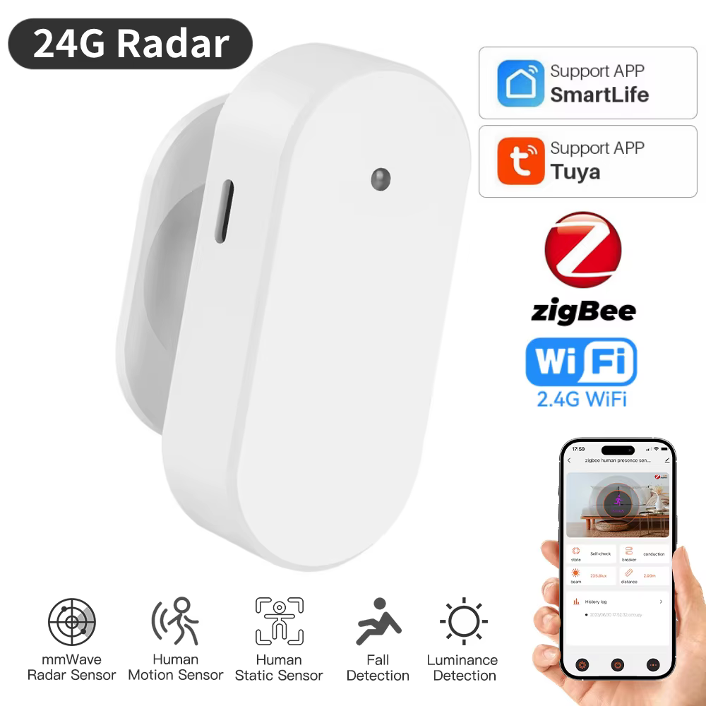 Tuya 24G MmWave Detector de Radar WiFi ZigBee Sensor inteligente de presencia humana protección de seguridad PIR Sensor de movimiento vida inteligente