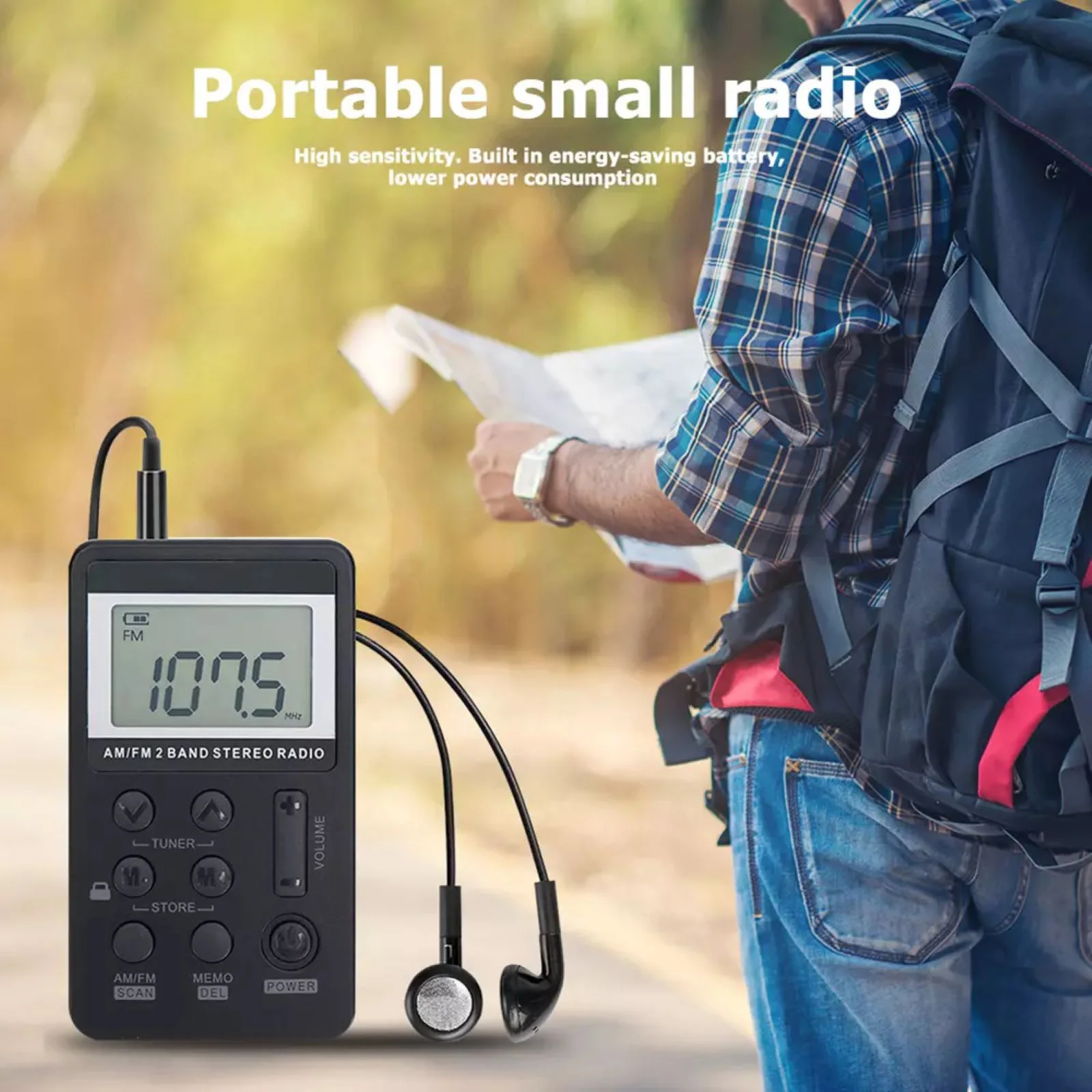Mini radio portátil AM/FM de doble banda estéreo de bolsillo con pantalla LCD y auricular de 3,5 mm - imagen 5