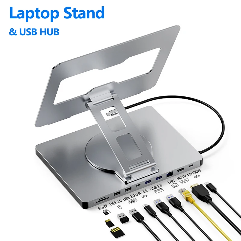 Soporte para portátil MacBook Pro Air Dell HP Surface 360 °   Giratorio plegable con lector de tarjetas USB Hub RJ45 soporte universal