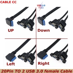 Cable USB 3.0 de 19/20 pines a 2 puertos, codo de 90° para placa base