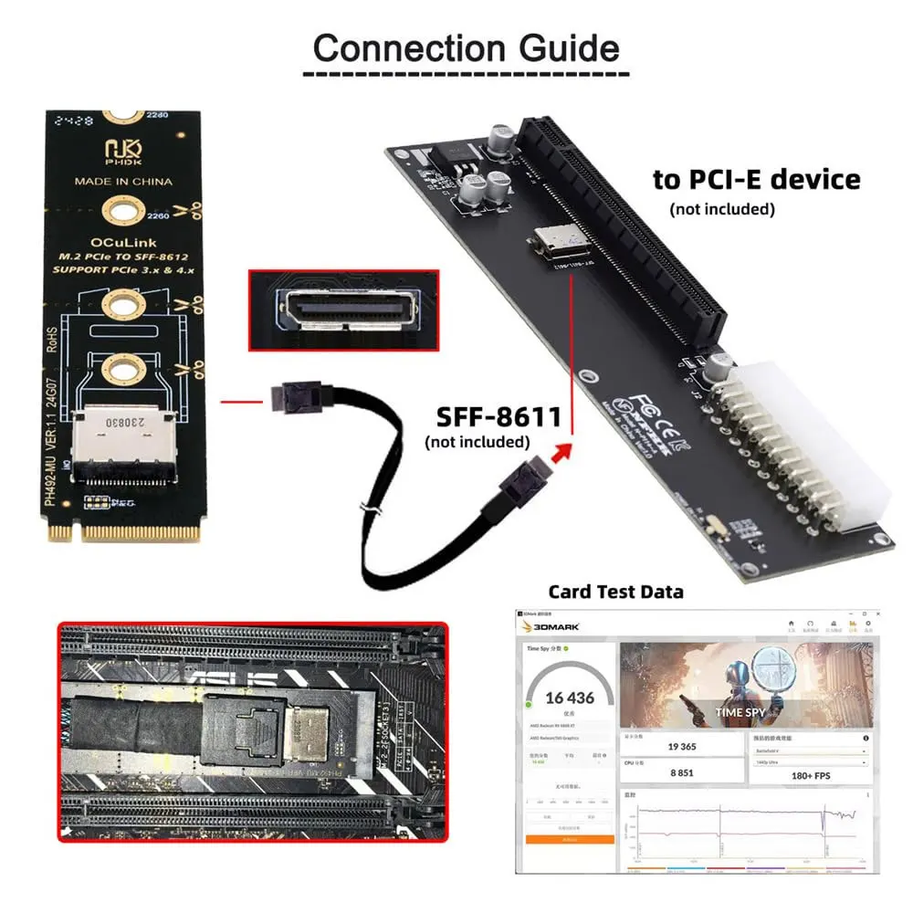 Oculink SFF-8612 a PCI-E 4,0 NVME M.2 M-Key adaptador de Host compatible con 2230/2242/2280 SFF-8612 a M.2 a Oculink para U.2 SSD y eGPU - imagen 4