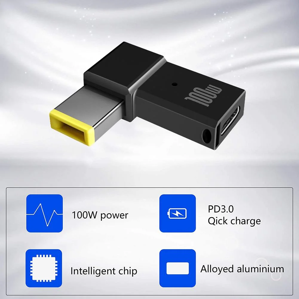 Adaptador PD tipo C de 100W, convertidor de enchufe hembra a punta cuadrada, Cable de carga rápida USB-C para conector de alimentación CC Lenovo Thinkpad