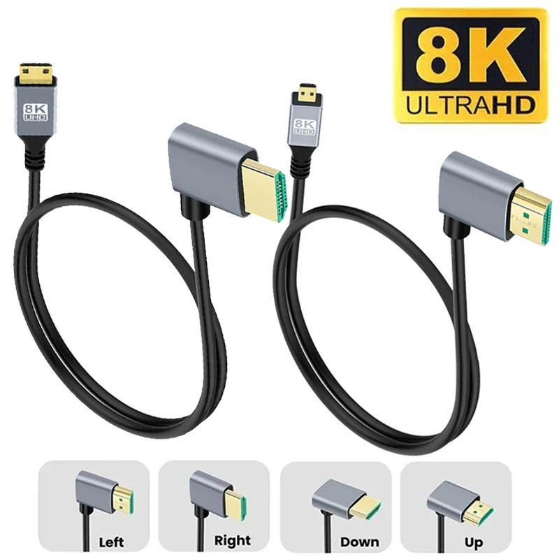 Cable UHD de 0,5 M, 1M, 8K, ángulo arriba/abajo/izquierdo/derecho, compatible con HDMI, Mini pantalla Micro HD, Cable fino para ordenador portátil, PC, Monitor de cámara, HDTV