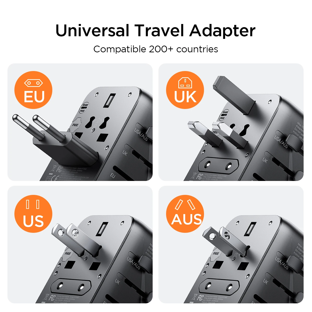 Joyroom-Adaptador de viaje Universal de 17W con 3 puertos USB y 1 USB-C, cargador de pared Internacional, enchufe de CA mundial - imagen 3