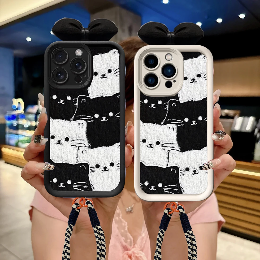Patrón de gato negro blanco de dibujos animados con funda con cordón colgante para Google Pixel 10 9 8 7 Pro 5G Pixel 7A 8A 9 Pro XL contraportada de teléfono