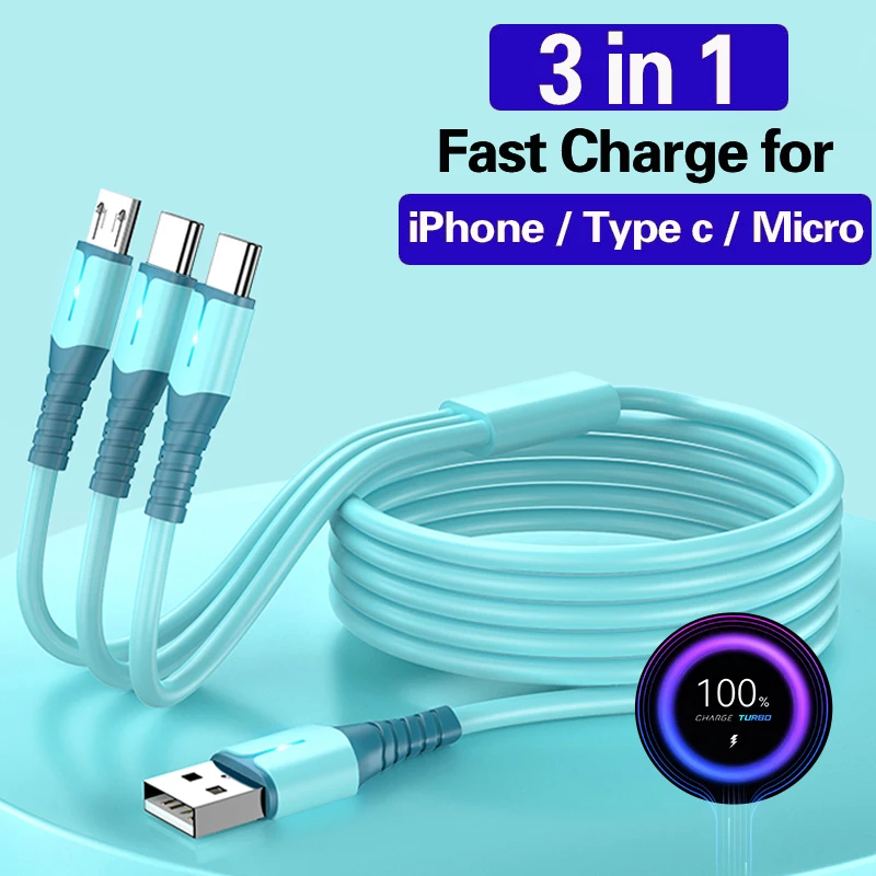 Cable de carga rápida USB 3 en 1 de 66W para iPhone 14, Samsung, Xiaomi, Huawei, Cable cargador de teléfono USB tipo C, Cable Lightning Micro USB