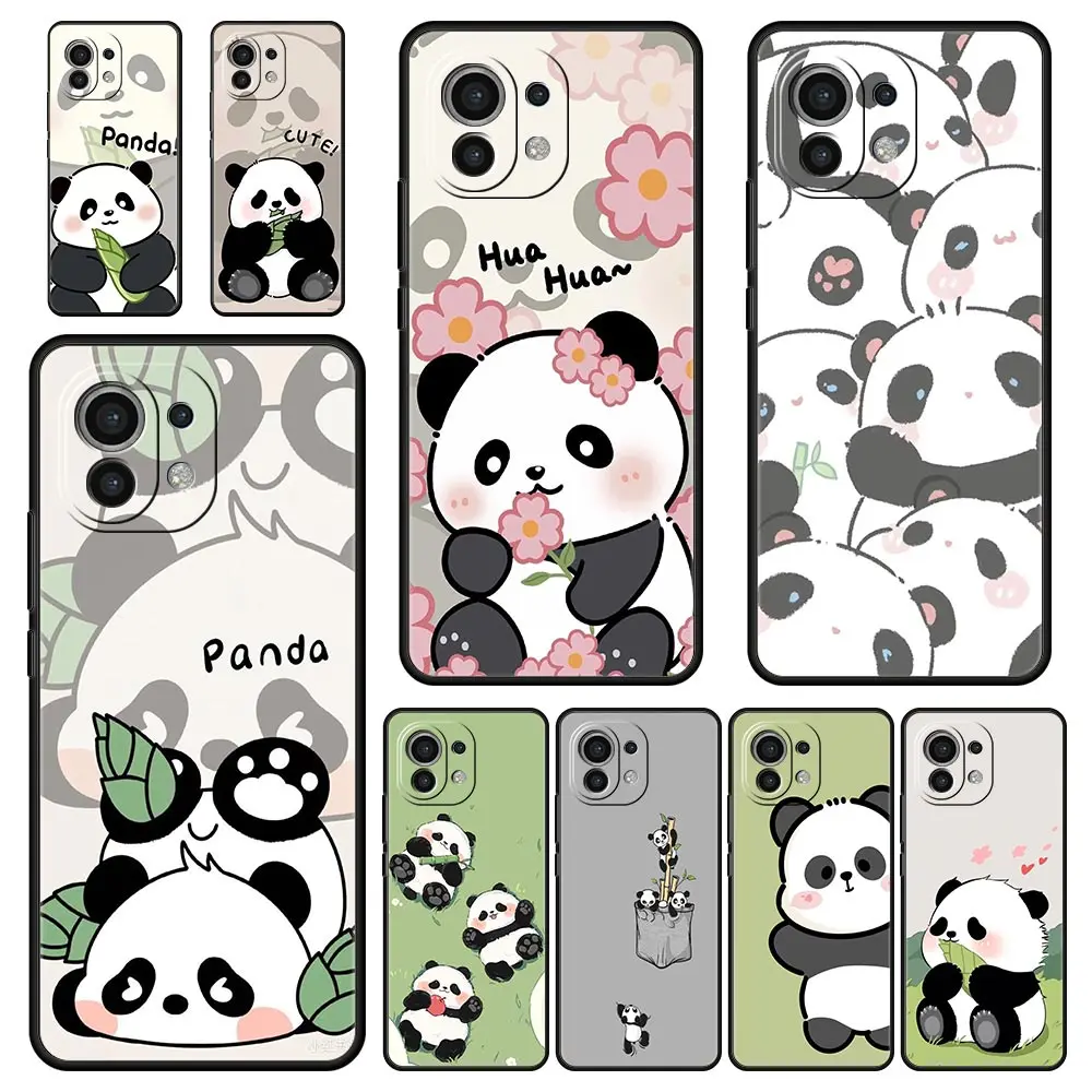 Funda de teléfono para Xiaomi Mi 14, 13, 12, 11 Lite, 13T, 12T, 11x, 11T, 10T, Pro, 9T, Note 10 Lite, cubierta negra suave, Panda lindo, bambú de escalada
