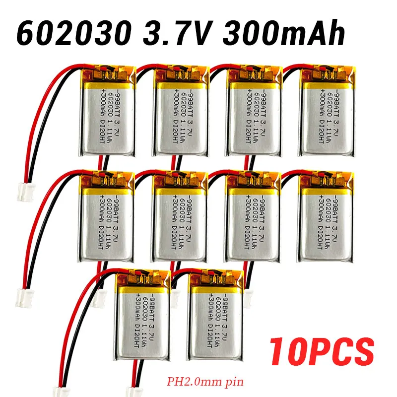 10 piezas 300 mAh 602030   Batería 3,7 V baterías recargables de polímero de litio PH2.0mm Lipo para auriculares Bluetooth altavoz retardador