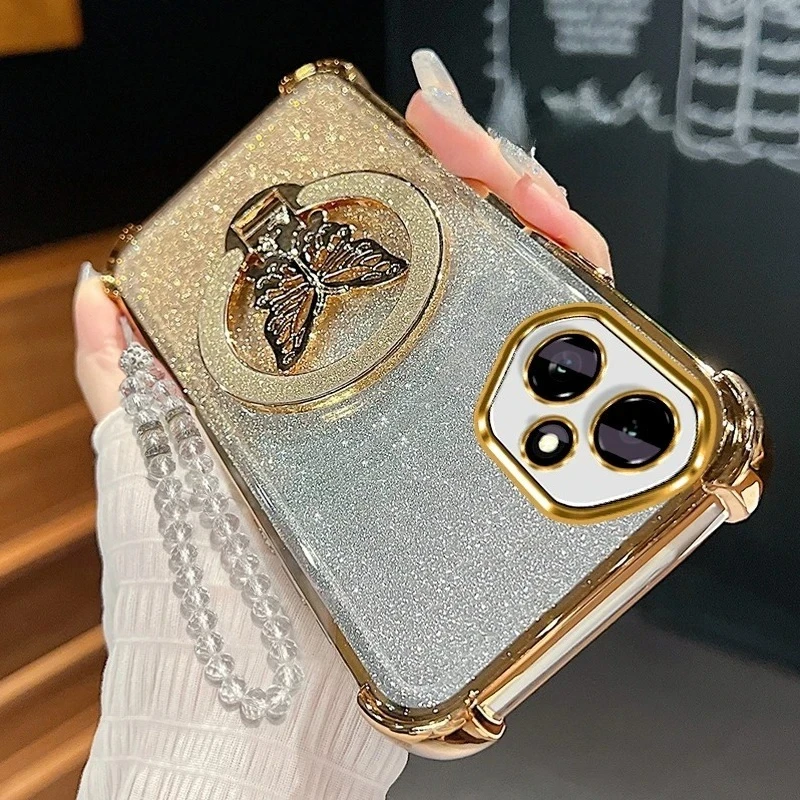 Honor400-funda con cadena y cordón con soporte de mariposa para Huawei Honor 400 Pro Lite, funda con soporte de silicona chapado a prueba de golpes, Honor400pro - imagen 2