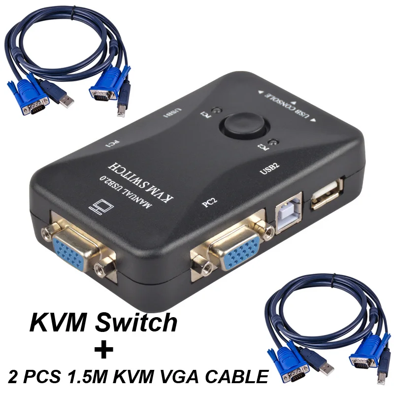 Adaptador de conmutador USB 2,0 VGA SVGA KVM, 2 en 1, caja divisora de salida, 2 piezas, 1M, Cable KVM para compartir teclado de ordenador y ratón