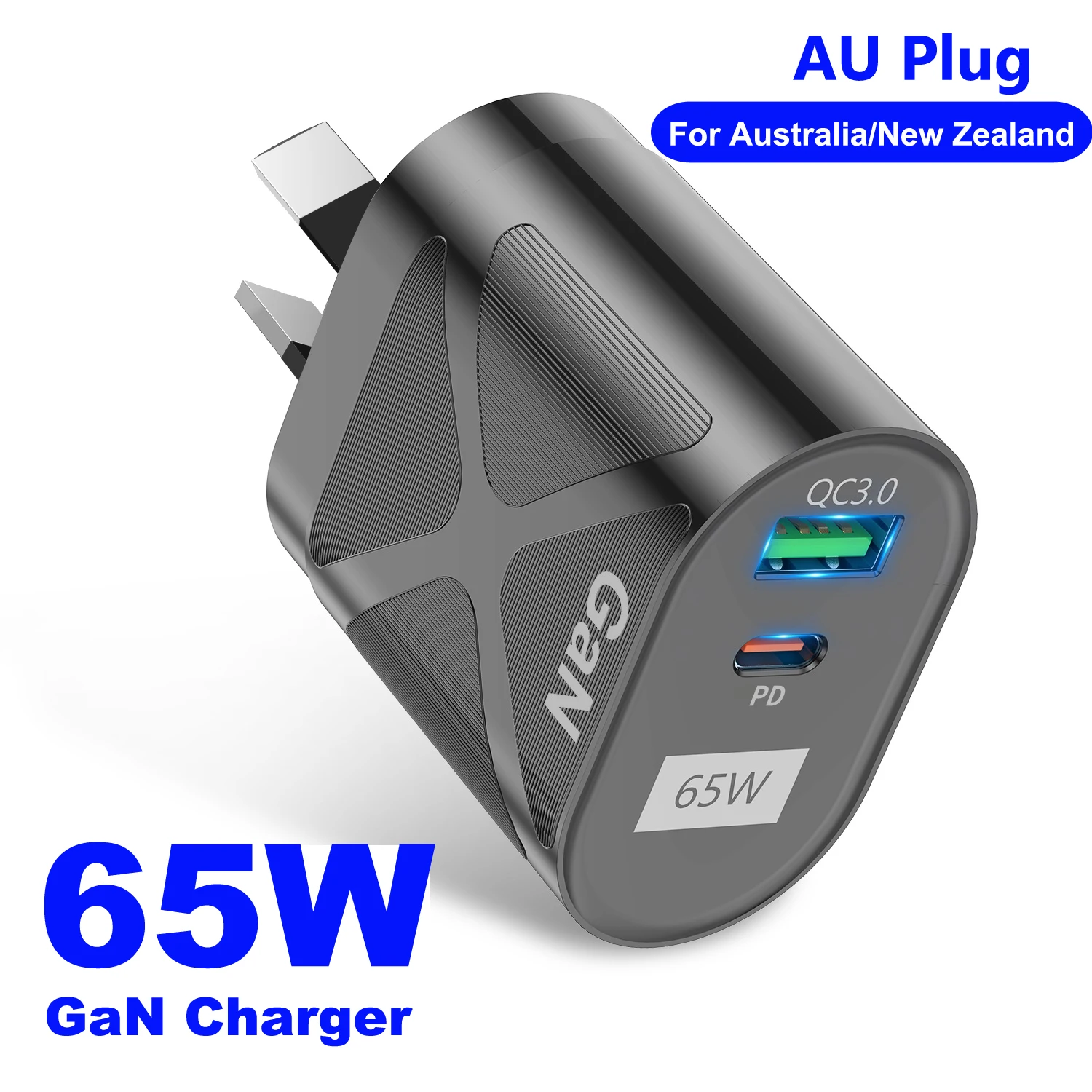 Cargador Gan de 65W para Australia, Nueva Zelanda, enchufe AU PD 33W, cargador rápido QC 3,0, adaptador USB para iPhone 15 14 13 Pro Max Samsung S23