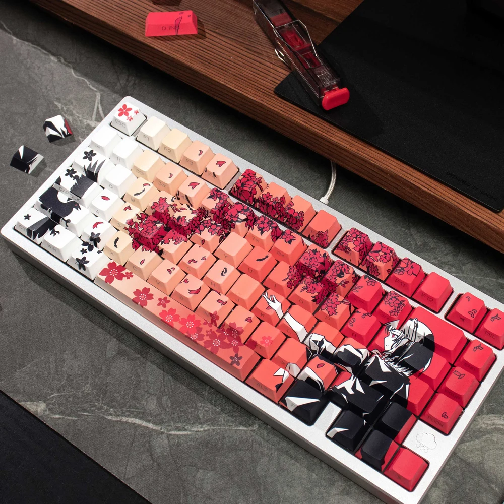 131 teclas Raven Sakura Keycaps Dye Sub Cherry perfil PBT Keycaps impresión lateral brillo retroiluminado para teclado mecánico Mx 108 96 87 - imagen 3
