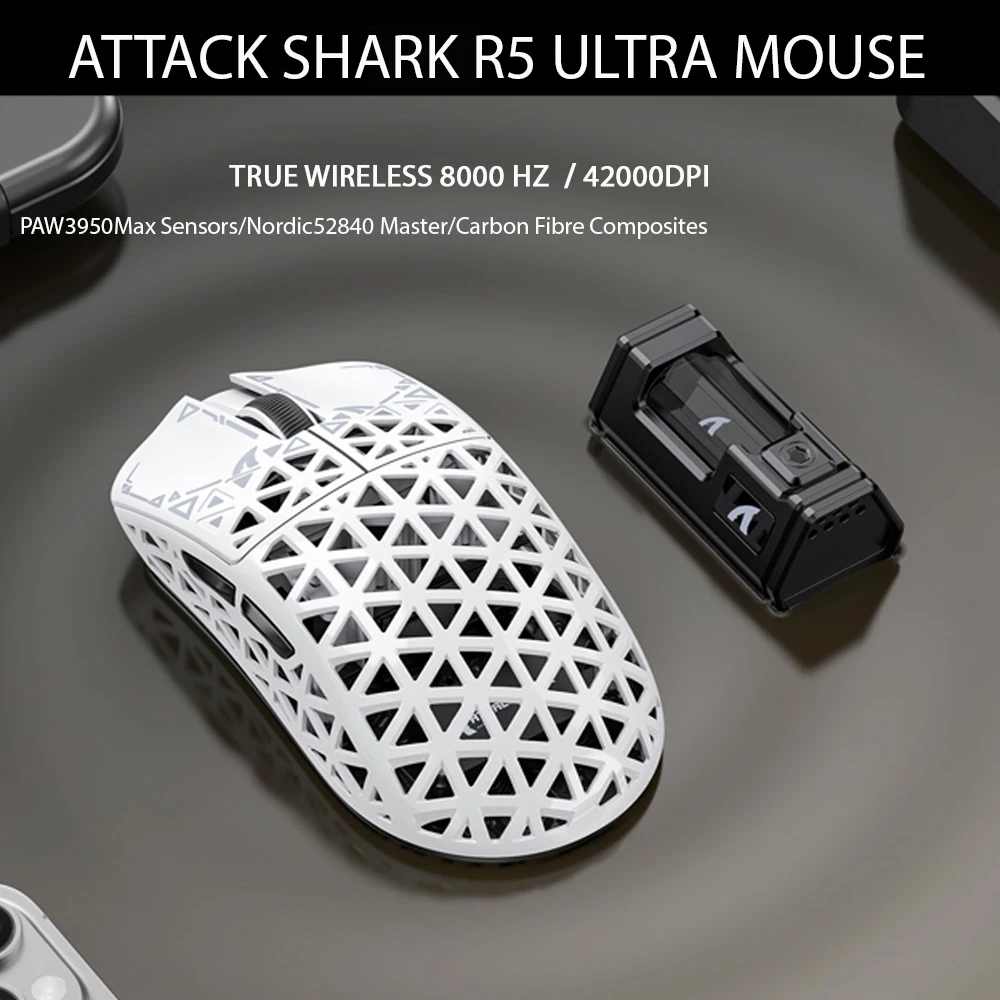 ATTACK SHARK R5 ULTRA Bluetooth Mouse 8K Polling, Sensor PAW3950MAX, 42,000 DPI, fibra de carbono ultraligera para juegos Pro Esport