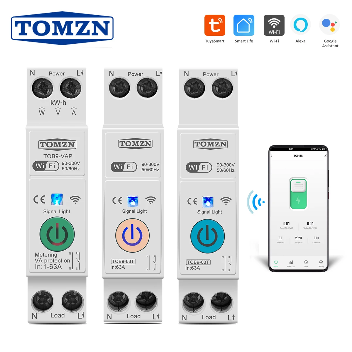 TOB9 63A 1P + N WIFI interruptor inteligente medidor de energía Kwh medición monitoreo temporizador relé MCB TUYA smartlife voltaje protección de corriente