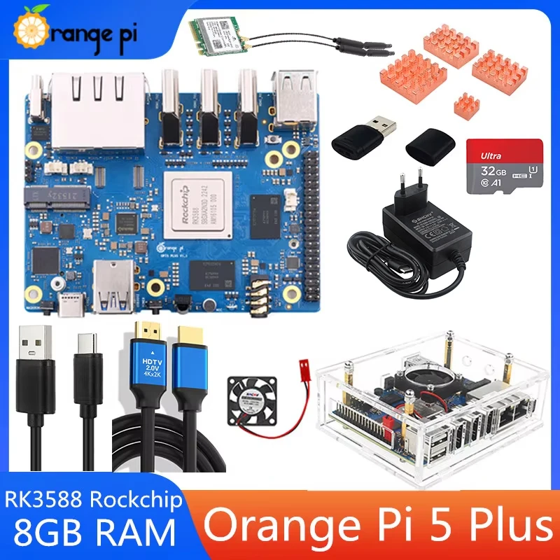 Orange Pi 5 Plus 8GB RAM RK3588 8 núcleos 64 bits 2,5G Dual Ethernet caja acrílica opcional disipadores de calor de cobre para Orange Pi 5 Plus