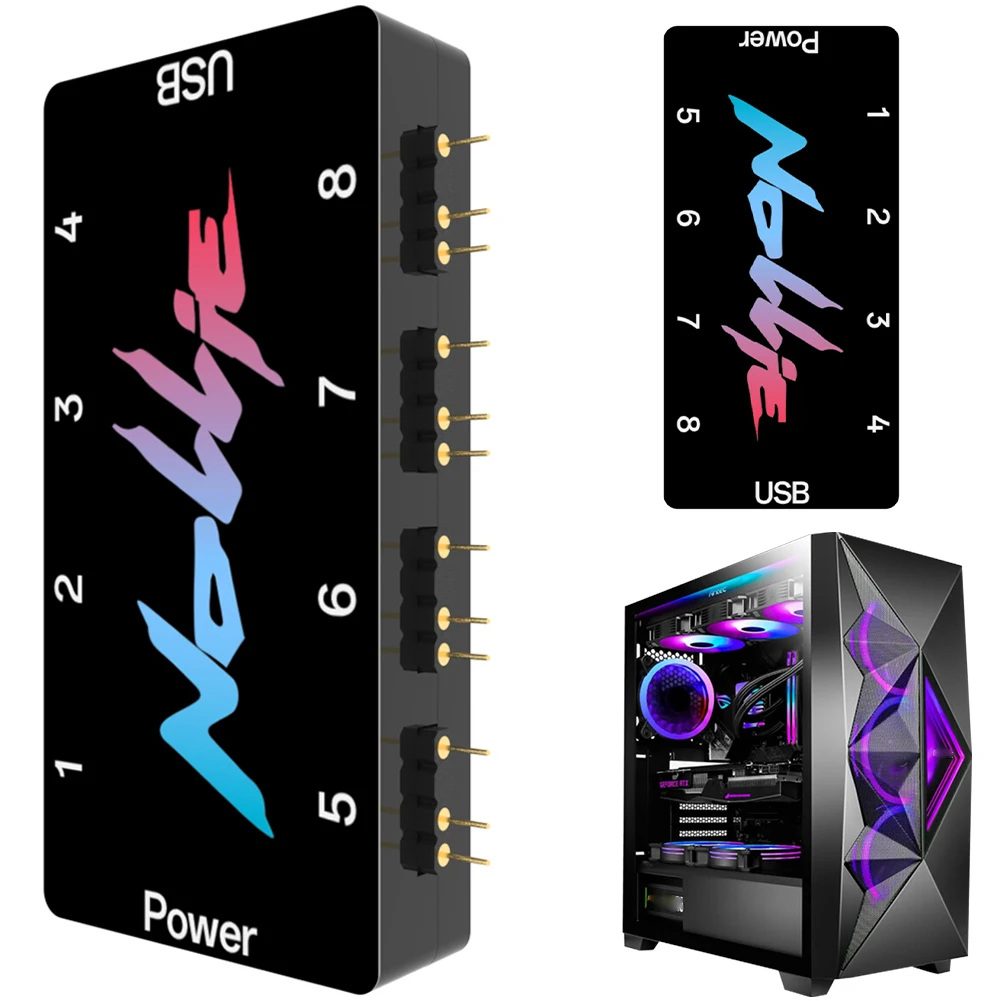 Controlador ARGB de 5V y 3 pines, divisor ARGB direccionable de 8 vías, compatible con señal RGB abierta, controlador HUB de ventilador de potencia RGBSATA para placa base