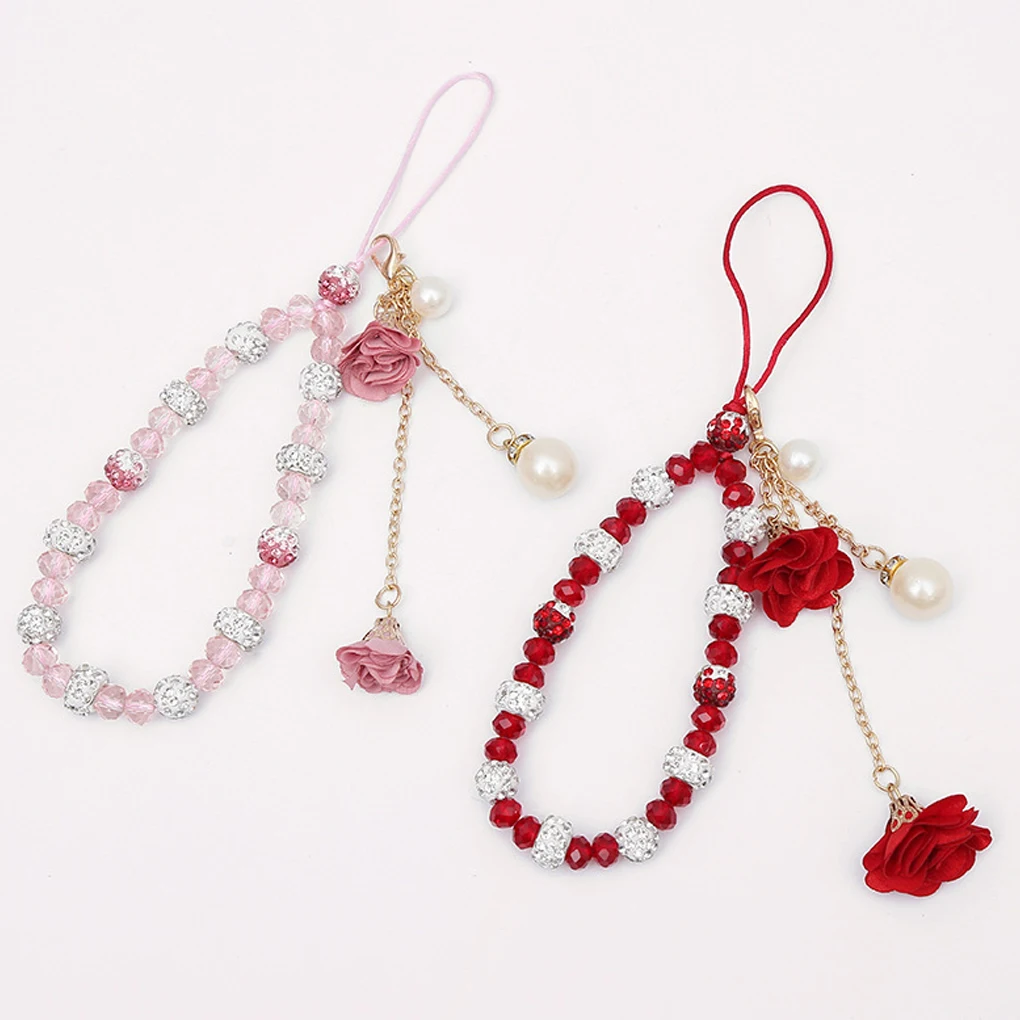 Correas Cordón de flores Llavero con cuentas románticas Correa cuerda colgante Pulsera antipérdida Adornos para bolso Mujer Blanco