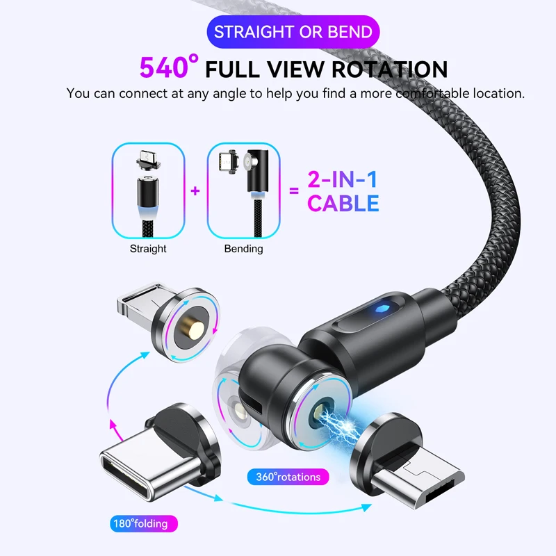 Cable magnético 3 en 1 con rotación 540, Cables Micro USB, cargador rápido para iPhone, Xiaomi, Redmi, Huawei, cables de datos para teléfono móvil - imagen 3