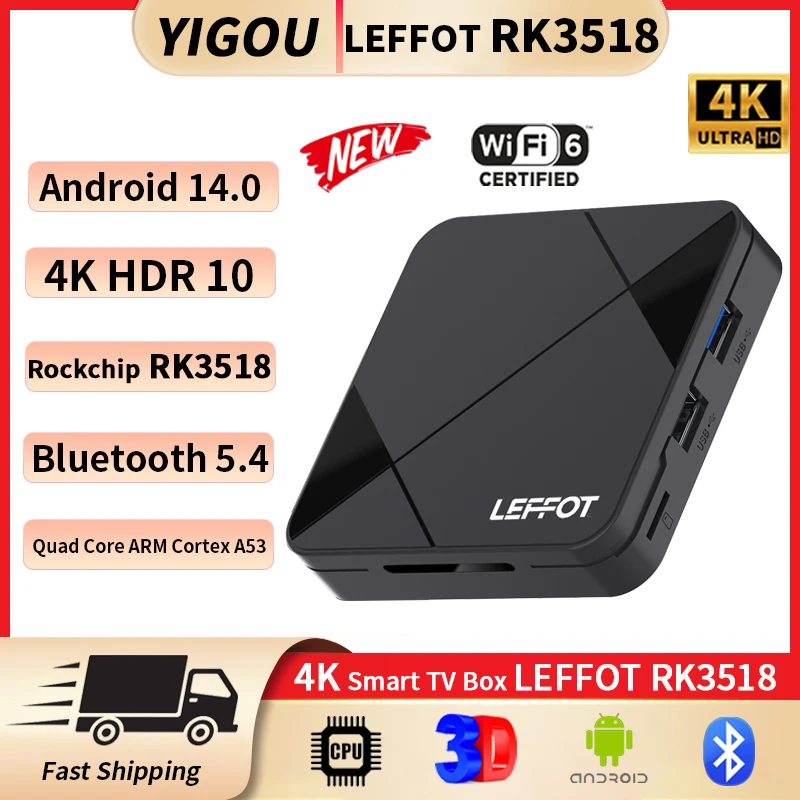 LEFFOT RK3518 Android 14,0 Smart TV Box RK3518 4K con Wifi 6 Smart 3D asistente de Google Netflix YouTube BT5.4 Smart TV Box
