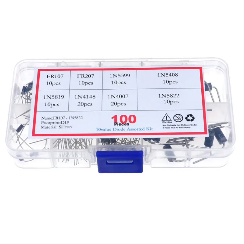 Kit de diodos rectificador Schottky 1N4007 1N4148 1N5817 1N5408 1N5822 1N5399 FR107 FR207 en caja de componentes, 100 Uds. - imagen 5