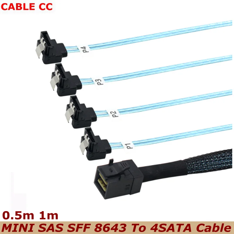 Nuevo adaptador de Cable HD Mini SAS 12G SFF-8643 a 4 SATA de 100cm, controlador de placa base interna a convertidor de disco duro de 90 grados