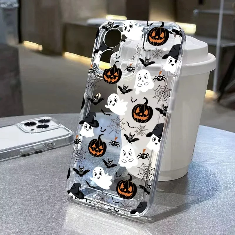 Funda de teléfono transparente con patrón de murciélago fantasma de calabaza de Halloween para iPhone 11, 12, 13, 14, 15, 16 Pro Max, Mini, XS, X, XR, 7, 8 Plus, SE 2 - imagen 2