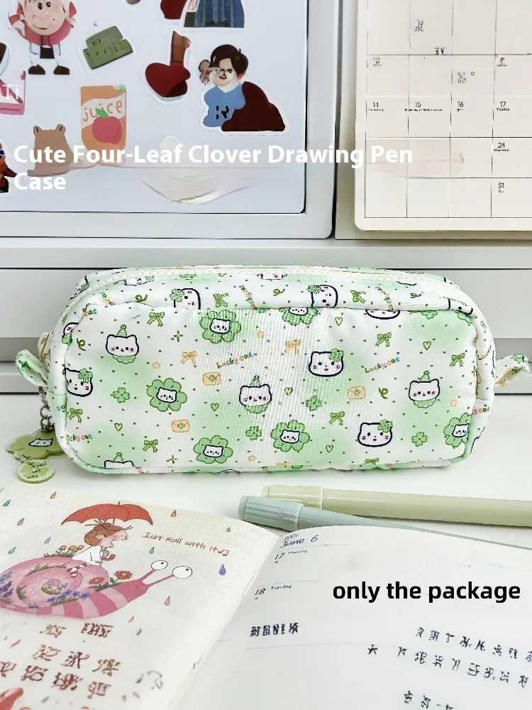 Estuche para lápices con estampado de gato y trébol de dibujos animados, bolsa de papelería para lápices Kawaii de gran capacidad, bolsa de almacenamiento portátil multifuncional - imagen 2