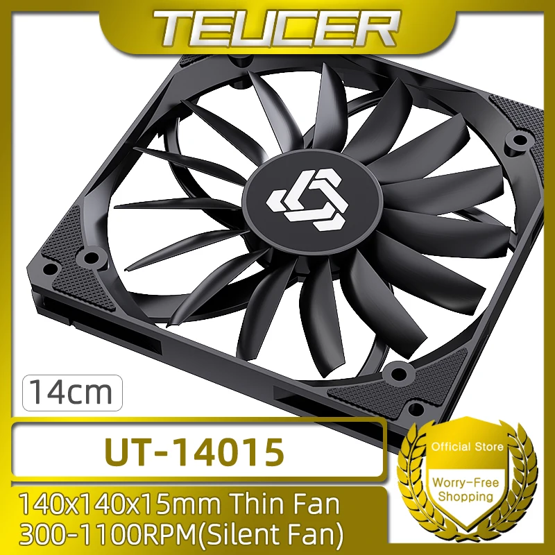 TEUCER UT-14015 Ventilador de refrigeración para PC de 140 mm, PWM 300-1100 RPM, 15 aspas, equipado con rodamiento FDB, ventilador con caja ITX de gran volumen de aire de 14 cm