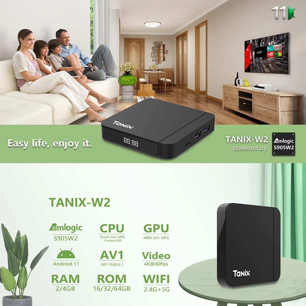 Tanix W2 Smart TV Box Android 11 Amlogic S905W2 4GB 64GB compatible con AV1 reproductor multimedia Wifi Dual TVBOX decodificador 32GB 2GB 16GB - imagen 2