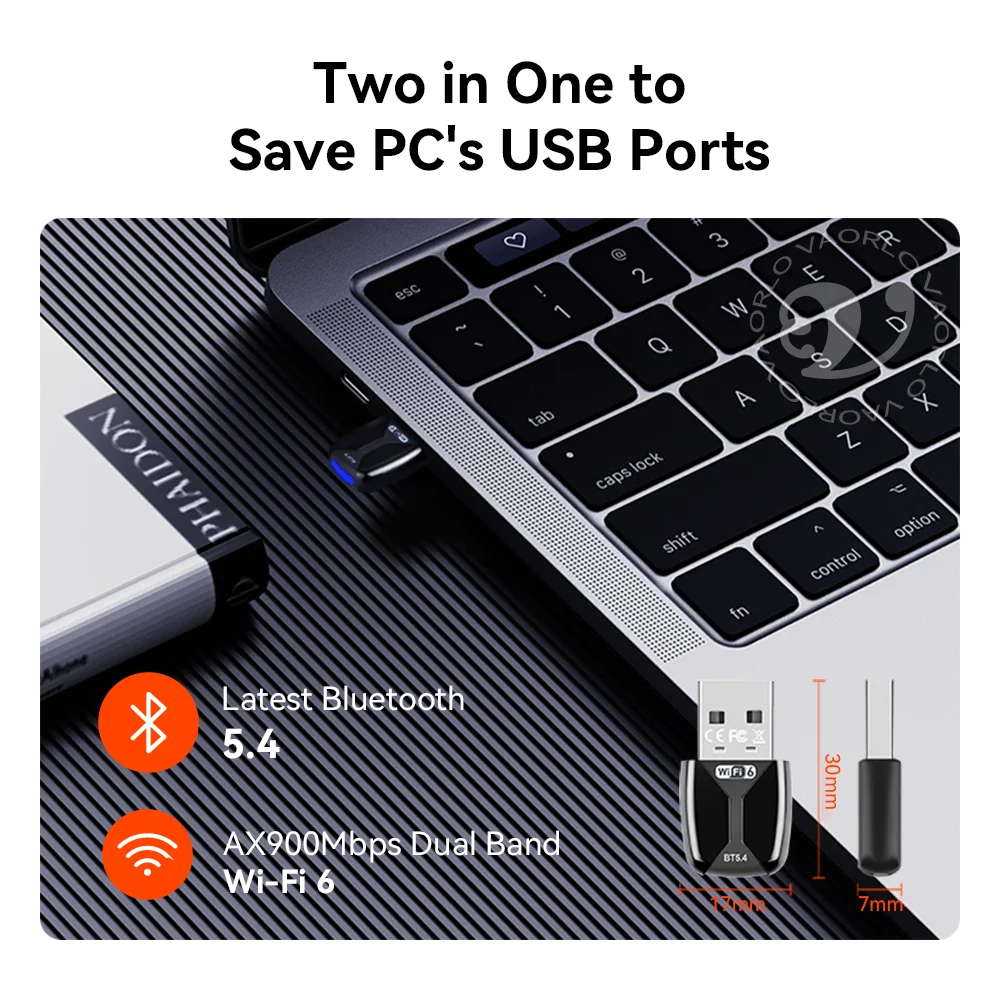 Adaptador USB AX900 WIFI6 2 en 1 Bluetooth 5.4 de doble banda 2.4G y 5GHz 900Mbps WiFi 6 802.11AX de alta velocidad Mini receptor de tarjeta de red inalámbrica Dongle para PC portátil WIN 10/11 sin controlador - imagen 4