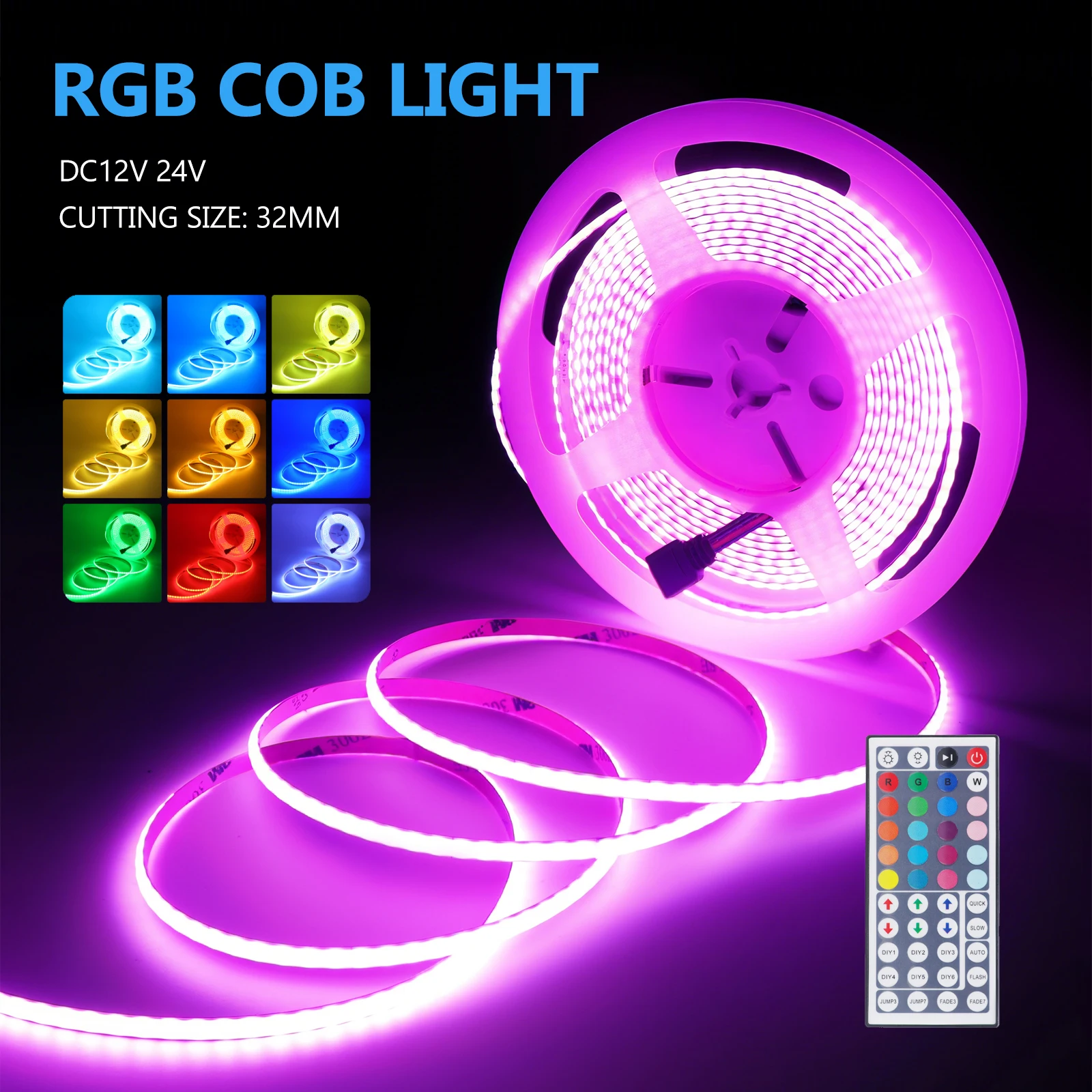 Tira de luces LED RGB COB, 12V, 24V, súper delgada, 5mm, Flexible, de alto brillo, cinta colorida RGB con Control remoto para decoración del hogar - imagen 2