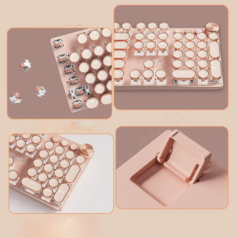 Teclado mecánico Vintage Punk para mujer, 104 teclas, juego de ratón de ordenador de oficina, colorido Backilight tipo C, con cable rosa - imagen 3