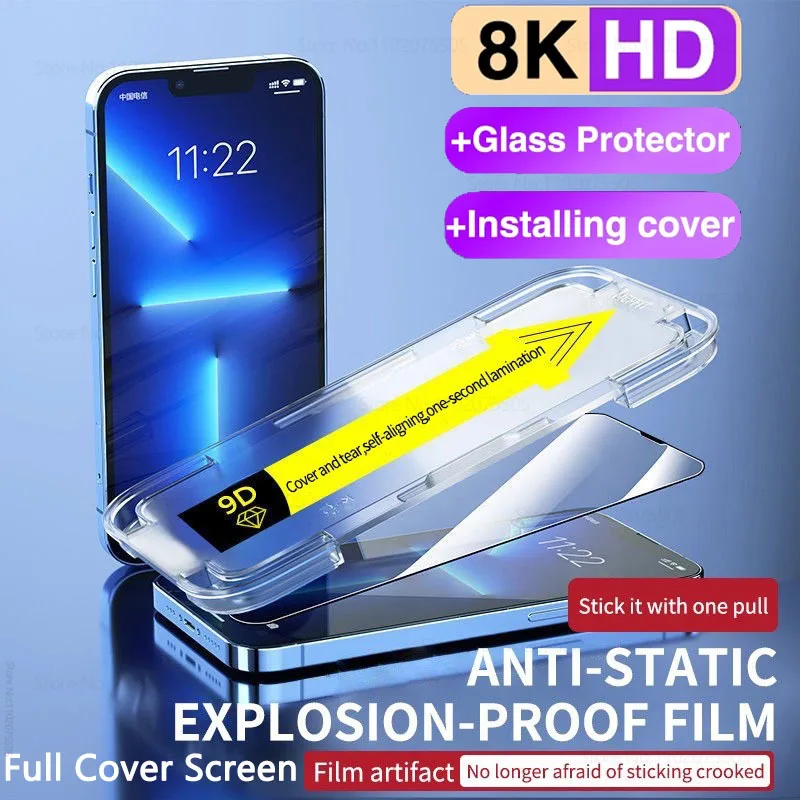 Protector de pantalla con cubierta de montaje de alineación, cristal templado de alta gama 8K para iPhone 15, 14, 13, 12, 11 Pro Max, XS MAX, X, XR, 2 unidades