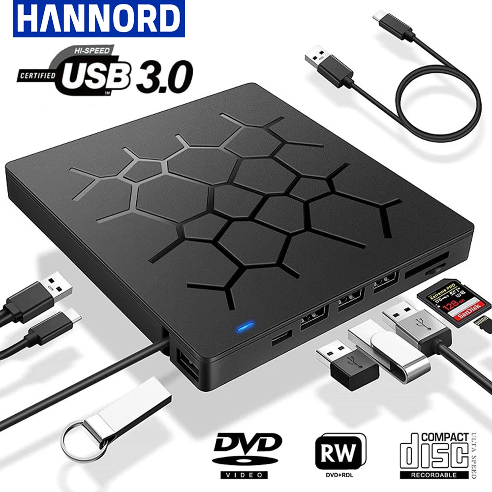 Unidad de CD/DVD externa USB 3,0 tipo C, unidad de DVD 6 en 1, Unidad óptica con ranuras SD/TF y USB 3,0, unidades ópticas para PC y portátil