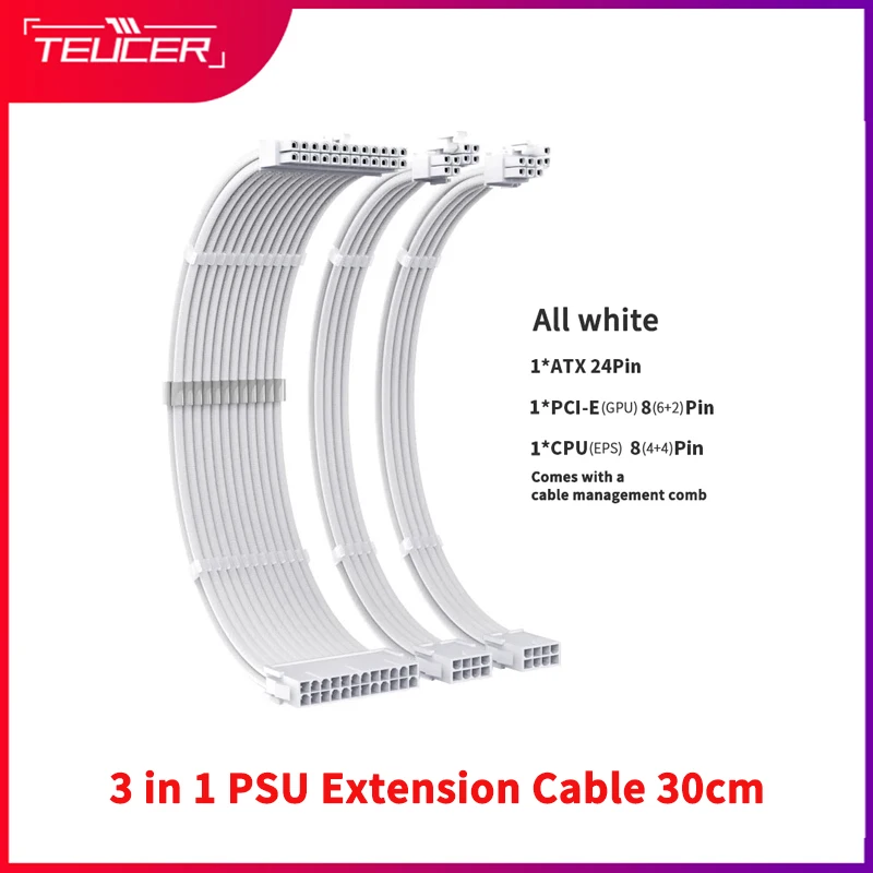 TEUCER-Cable de extensión de PSU de CPU, placa base 3 en 1, 30cm, ATX, 24 Pines, GPU, PCI-E, 6 + 2 pines, 8 pines, CPU EPS, 4 + 4 pines, 18awg, Cable de alimentación con peine