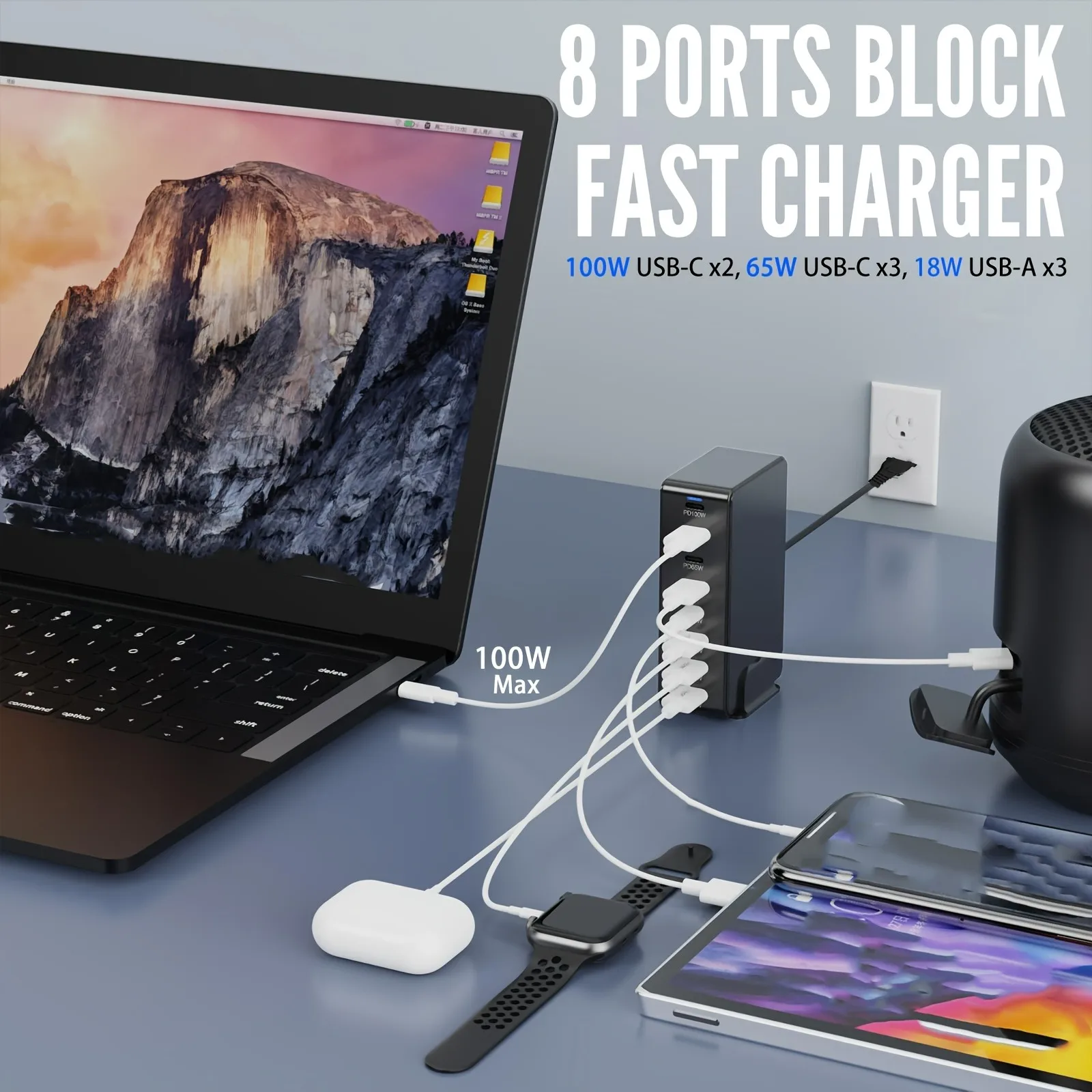 Estación de carga USB C de 440W, bloque de carga rápida de alta potencia de 8 puertos para teléfonos móviles, cargador rápido 3A5C para ordenador portátil/iPad/iPhone - imagen 5