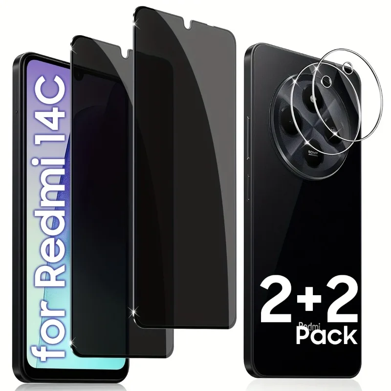 Protector de pantalla de privacidad 4 en 1 para Xiaomi Redmi 14C 13C 12C 11C vidrio templado paquete de 2 vidrio templado con 2 protectores de cámara