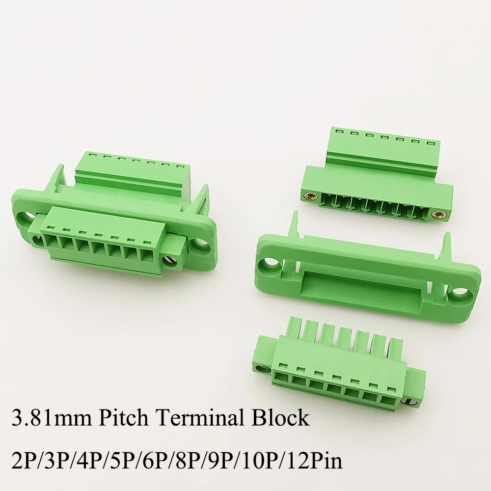 1/2 juegos de bloque de terminales de 3,81mm a través de la pared sin soldadura tipo enchufable 2P/3P/4P/5P/6P/8P/9P/10P/12P 3,81mm con Panel fijo de brida