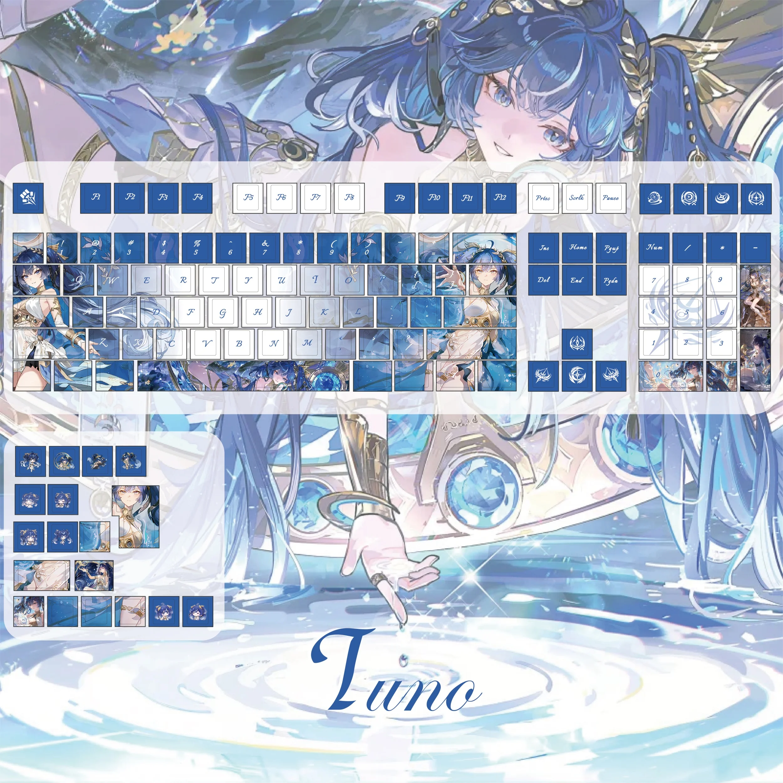 Wuthering Waves IUNO Keycaps Cherry Profile PBT sublimación térmica azul dibujos animados lindo juego Keycap para teclado mecánico DIY