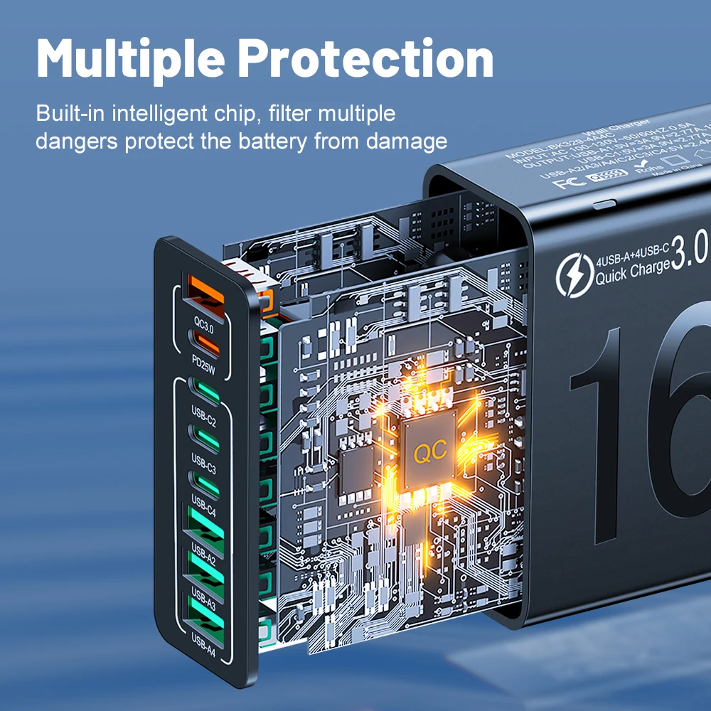 Cargador USB C de 150W, carga rápida multipuerto, cargador de pared PD tipo C para iPhone 15, Samsung, Xiaomi, 8 puertos, cargador de teléfono con enchufe UE/EE. UU. - imagen 4