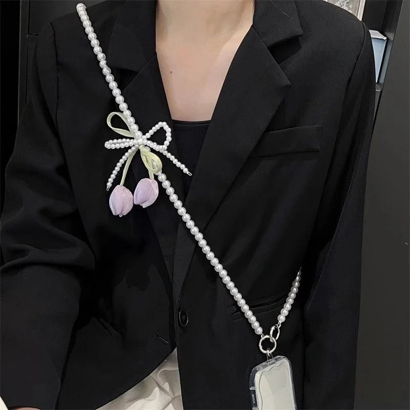 Cordón para teléfono con cuello largo y bandolera antipérdida, cadena extendida con lazo de perlas, Universal y elegante con Clip